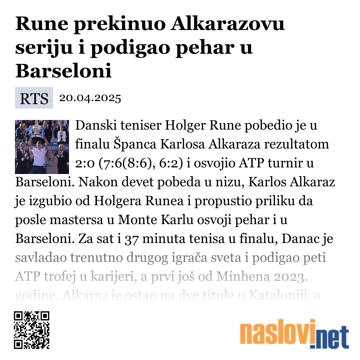 Iznenađenje U Barseloni: Rune Pobeđuje Povređenog Alcarasa Iznenađenje U Barseloni: Rune Pobeđuje Povređenog Alcarasa
